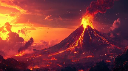 A volcano erupting in the foreground with a backdrop of a twilight sky, illuminated by the bright orange and red glow of molten lava and ash clouds.