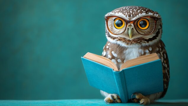 Wisdom and education concept image with a wise owl reading a book on blue background with copy space