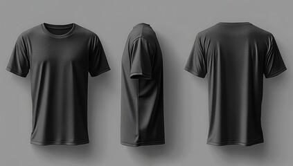 Blank black clean t-shirt mockup, isolated and showcasing front and back views in 3D rendering. This mockup serves as a template for football clothes, presented in a classic short style.