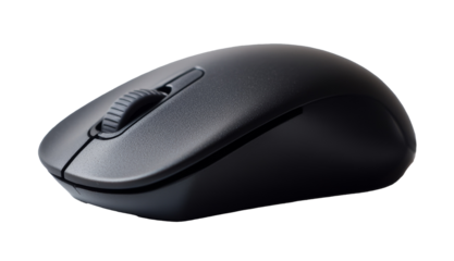 Close up of a black wireless computer mouse. Transparent background