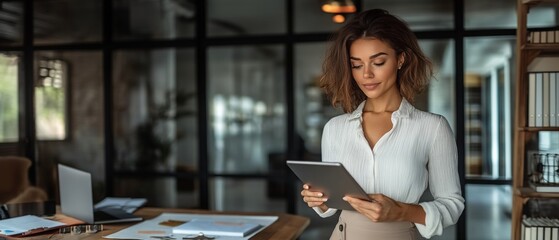 Latin mature adult professional business woman looking at online trade app. European businesswoman CEO holding digital tablet using tab application standing at workplace in office. Banner, copy space