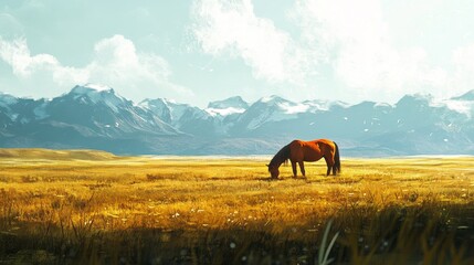 Obraz premium A lone horse grazing in an expansive meadow mountains in the distance