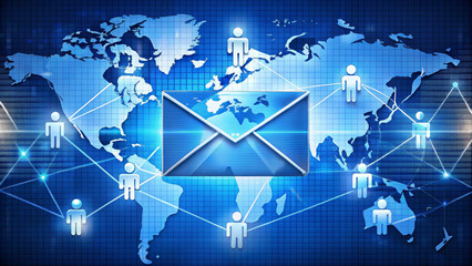 Fototapeta premium Digital communication concept featuring global network with an envelope symbolizing email marketing. This image represents connectivity and outreach in digital age