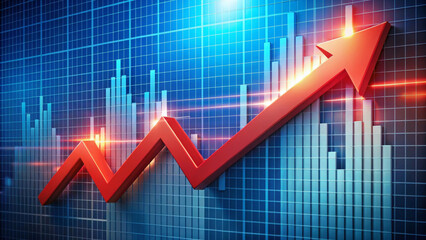 image depicts dynamic upward trend represented by red arrow on blue grid background, symbolizing economic growth and recovery