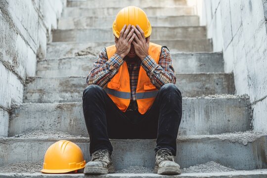 Engineer industry unemployed. Feeling stress, tired and headache asian man sitting depressed on stair at site, worker male crisis in factory, fired unemployment from economy, lost job, jobless concept