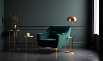 Fototapeta premium Luxurious lounge area featuring a dark green velvet armchair, gold side tables, and matching gold lamp, creating a sophisticated, modern look. 