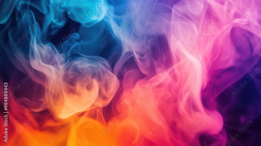 Poster an abstract image of bright, multicolored smoke billowing upwards, with vivid gradients blending sea