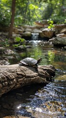 A turtle is resting on a log by the stream.