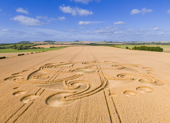 Naklejka premium Aerial view of an intricate geometric crop circle formation in a wheat field near Etchilhampton and Devizes in Wiltshire, England, UK