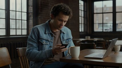 Morning Routine Man with Coffee and Smartphone