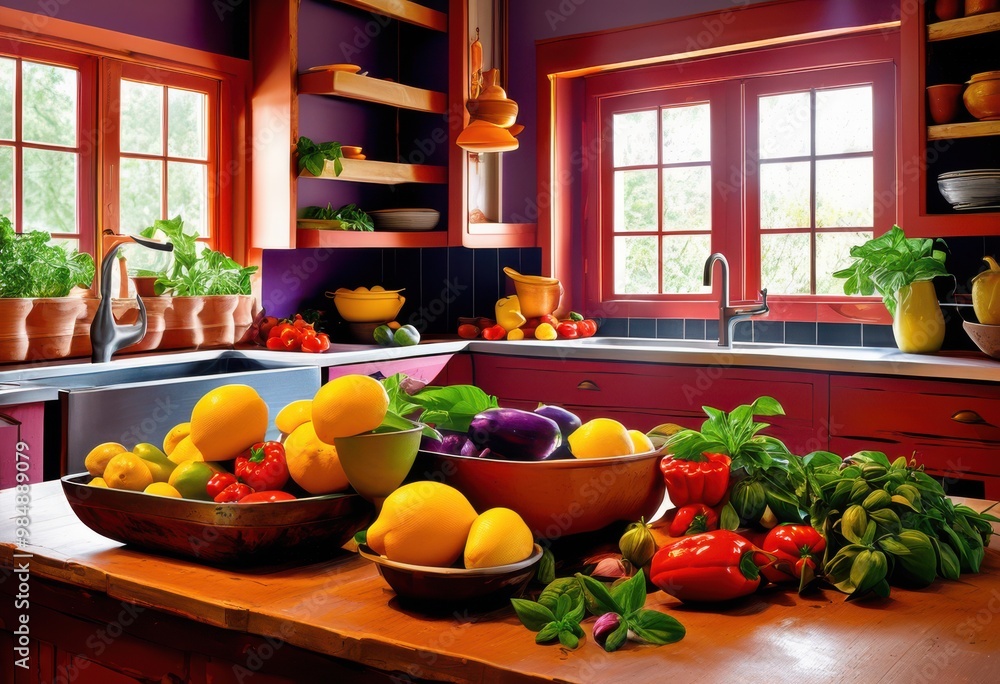 Wall mural bright colorful kitchen settings showcasing fresh ingredients vibrant arrangements, appliances, artisanal, bistro, brightness, cleanliness, cooking, cuisine