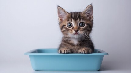 An adorable kitten exploring a new litter box, with its small paws and curious eyes, set against a clean white background to emphasize its playful nature.