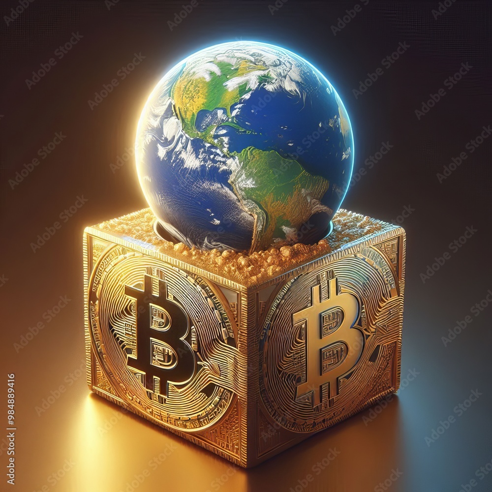 Poster A glowing digital globe sits atop a gold Bitcoin block, symbolizing the global influence and future potential of cryptocurrency. The image represents the merging of technology and finance in the