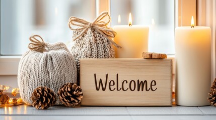 A wooden welcome sign greets guests near a beautifully lit window, with candles and drinks creating a warm, inviting atmosphere for a festive evening
