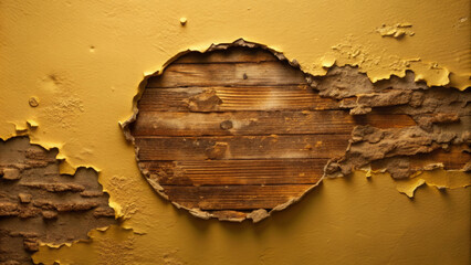 Obraz premium A textured wall with peeling yellow paint reveals circular section of exposed wood underneath, creating striking contrast. weathered look adds sense of history and character