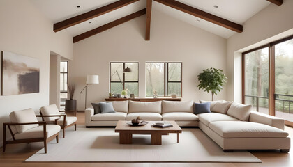 Fototapeta premium Bright and airy living room with a white sectional sofa, wooden accents, large windows, and minimalist decor in soft neutral tones. 