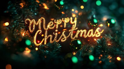 A whimsical Merry Christmas text art featuring green shiny decorations and glowing lights, creating a festive atmosphere.