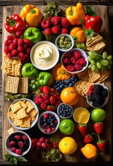 vibrant enticing snack spread arranged colorful surface array colors textures, appetizer, bites, cheese, cuisine, crackers, dips, delicious, feast