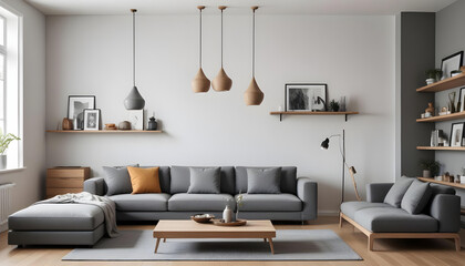 Sleek and modern living room featuring a gray sectional sofa, minimalist shelving, monochrome decor, and indoor plants,
