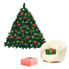 Christmas green tree with ornaments, beige armchair and gift boxes. Watercolor painting on white background, isolated. Illustration for design, decor