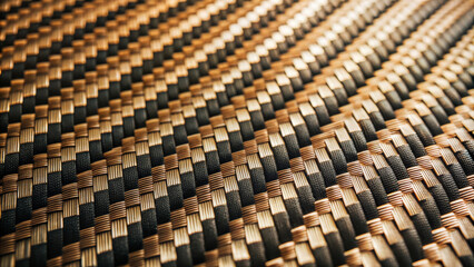 Woven texture in shades of gold and black creates striking visual pattern, showcasing intricate craftsmanship and design. This image captures elegance of woven materials