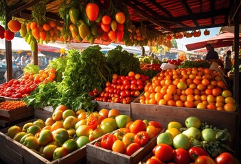 colorful display fresh produce illuminated showcasing variety fruits vegetables bright inviting setting, bounty, sunlight, freshness, nature, harvest