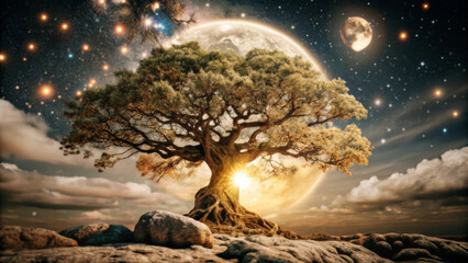 Majestic magic tree under starry night sky with glowing moon, creating serene and enchanting atmosphere. scene evokes sense of wonder and tranquility