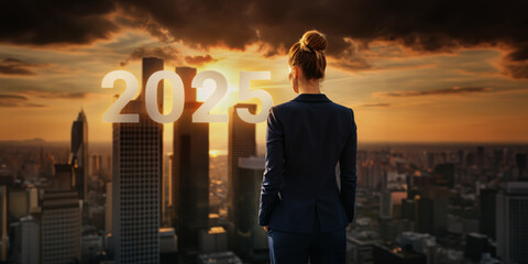 Back view of a woman in a suit looking at big 2025 numbers on the city skyline from the rooftop of a building at sunset, symbolizing a successful business concept."
