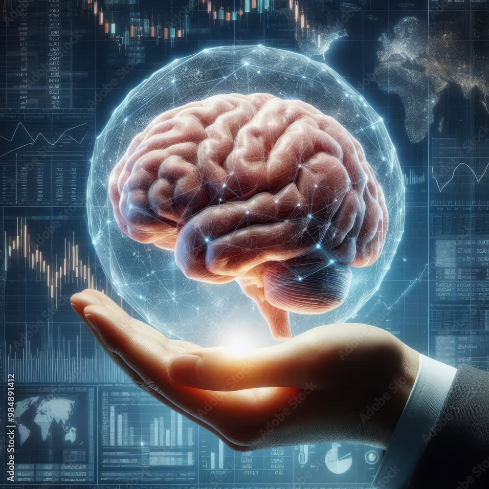 Poster a hand holds a glowing digital brain hologram, surrounded by data and graphs in the background. the 