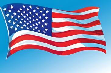 Waving American flag against a clear blue sky.