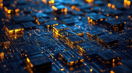 Abstract digital background with glowing blue and orange lines and squares, depicting a futuristic cityscape or electronic circuit board.