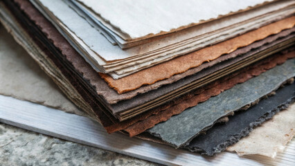 Textured old paper sheets in various colors and tones create visually appealing stack. unique textures and earthy hues evoke sense of nostalgia and creativity