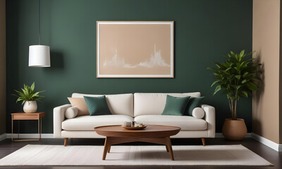 Stylish living room featuring a white sofa, green accent wall
