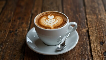 White ceramic coffee cup with cappuccino on a wooden table.