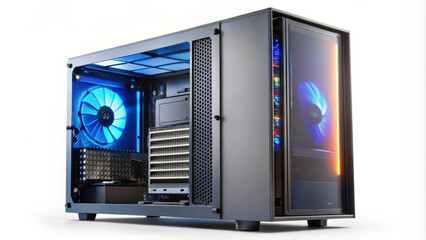 A sleek and modern computer case showcasing vibrant blue LED lighting, highlighting internal components and cooling system. This setup is perfect for gaming or high performance tasks