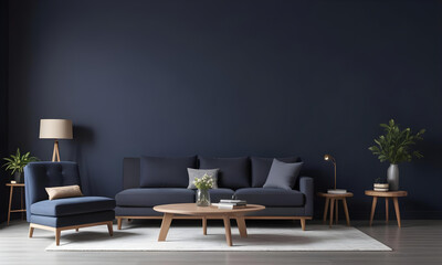 Stylish living room featuring dark accent walls, a gray sofa with colorful pillows, a blue armchair, and natural wooden furniture.
