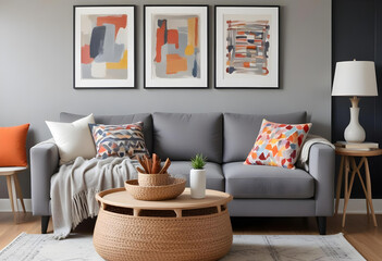 Bright and modern living room featuring a gray sofa with vibrant pillows, houseplants, wooden furniture, and a patterned rug for a cozy atmosphere.
