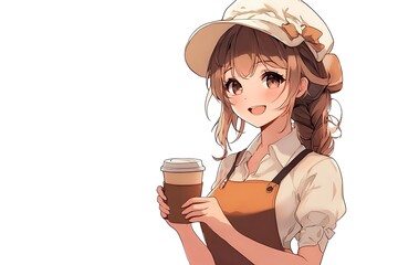 Cute Anime Girl with Brown Hair Holding Coffee in Cafe Apron