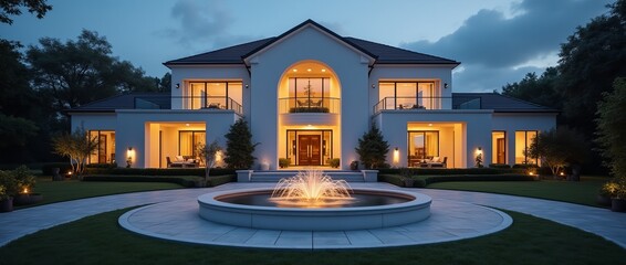 Modern luxury two-story white mansion with arched windows, balconies and a fountain against a background of green lawn and well-groomed landscape. wide banner