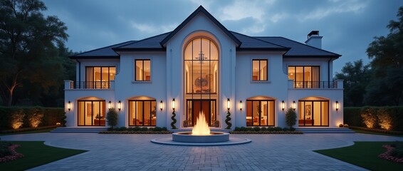 Modern villa, luxury two-story white mansion with fountain on background of green lawn and well-groomed landscape, contemporary architecture at night