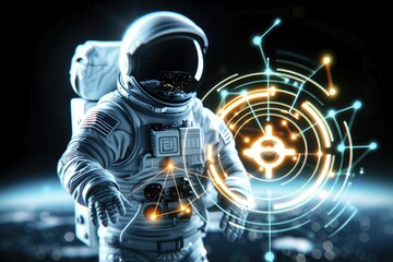 An astronaut exploring digital data visualization in outer space near Earth