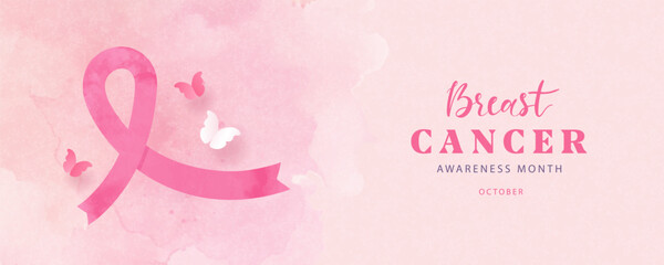 Banner dedicated to Breast cancer awareness month in October. Modern design with watercolor pink ribbon and paper butterflies. Medical symbol of the fight against cancer. Vector illustration.