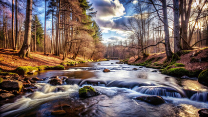 A serene river flows through lush spring forest, surrounded by tall trees and vibrant greenery. gentle current and soft light create peaceful atmosphere