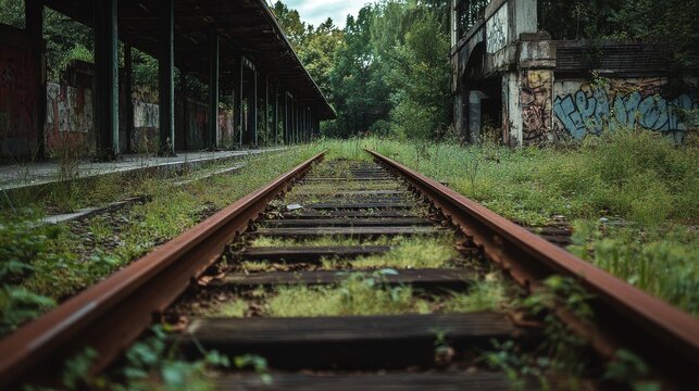 An abandoned train station with rusted tracks overgrown with grass