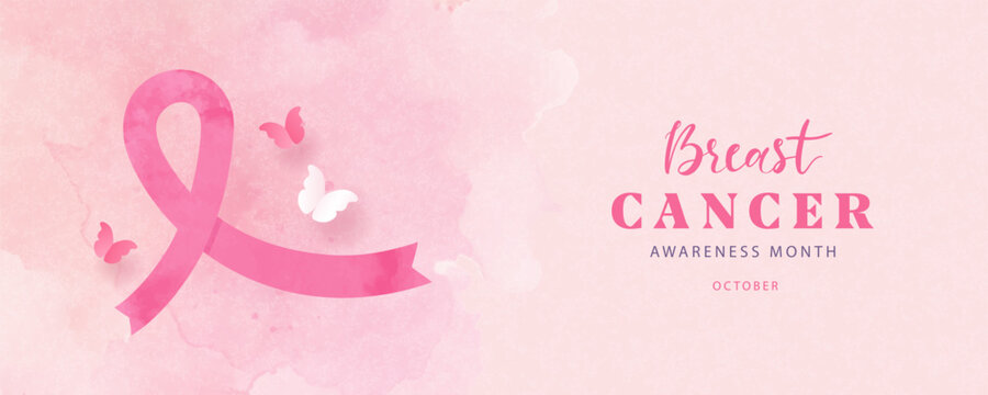 Banner dedicated to Breast cancer awareness month in October. Modern design with watercolor pink ribbon and paper butterflies. Medical symbol of the fight against cancer. Vector illustration.
