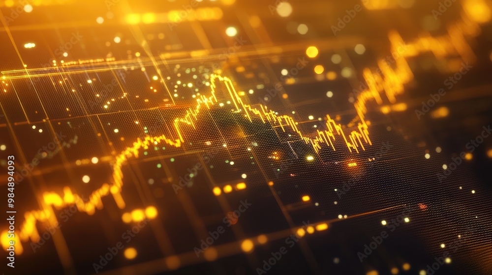 Poster an elegant shot of a gold price chart with various technical indicators and trend lines overlaid on 