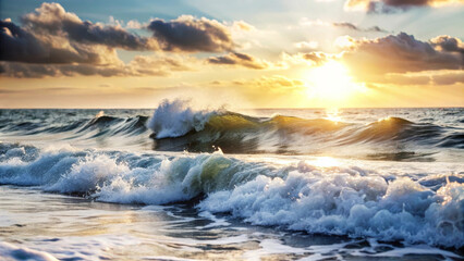 Obraz premium Breathtaking sea waves crash against shore during stunning sunset, creating serene and picturesque scene filled with vibrant colors and dynamic movement