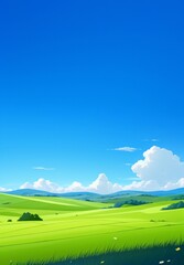Obraz premium Beautiful Anime Background of Blue Sky, White Clouds, and Green Fields with a Distant Small House, Evoking a Sense of Fresh Breeze and Clear Air.