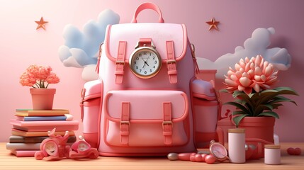 Unlocked school bag featuring stationery against a pink backdrop.