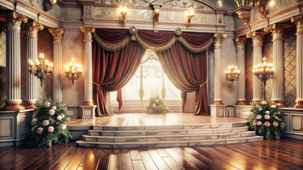 Obraz premium A grand stage setting with elegant curtains, ornate columns, and beautiful floral arrangements creates stunning atmosphere for performances or events. warm lighting enhances luxurious ambiance